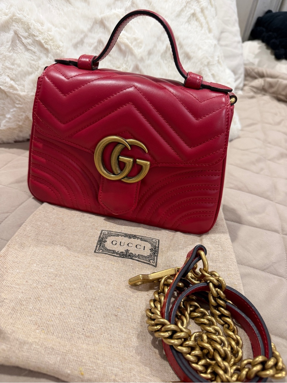 Gucci Red GG Marmont Quilted Top Handle Satchel with Gold Hardware - Picture 4 of 4